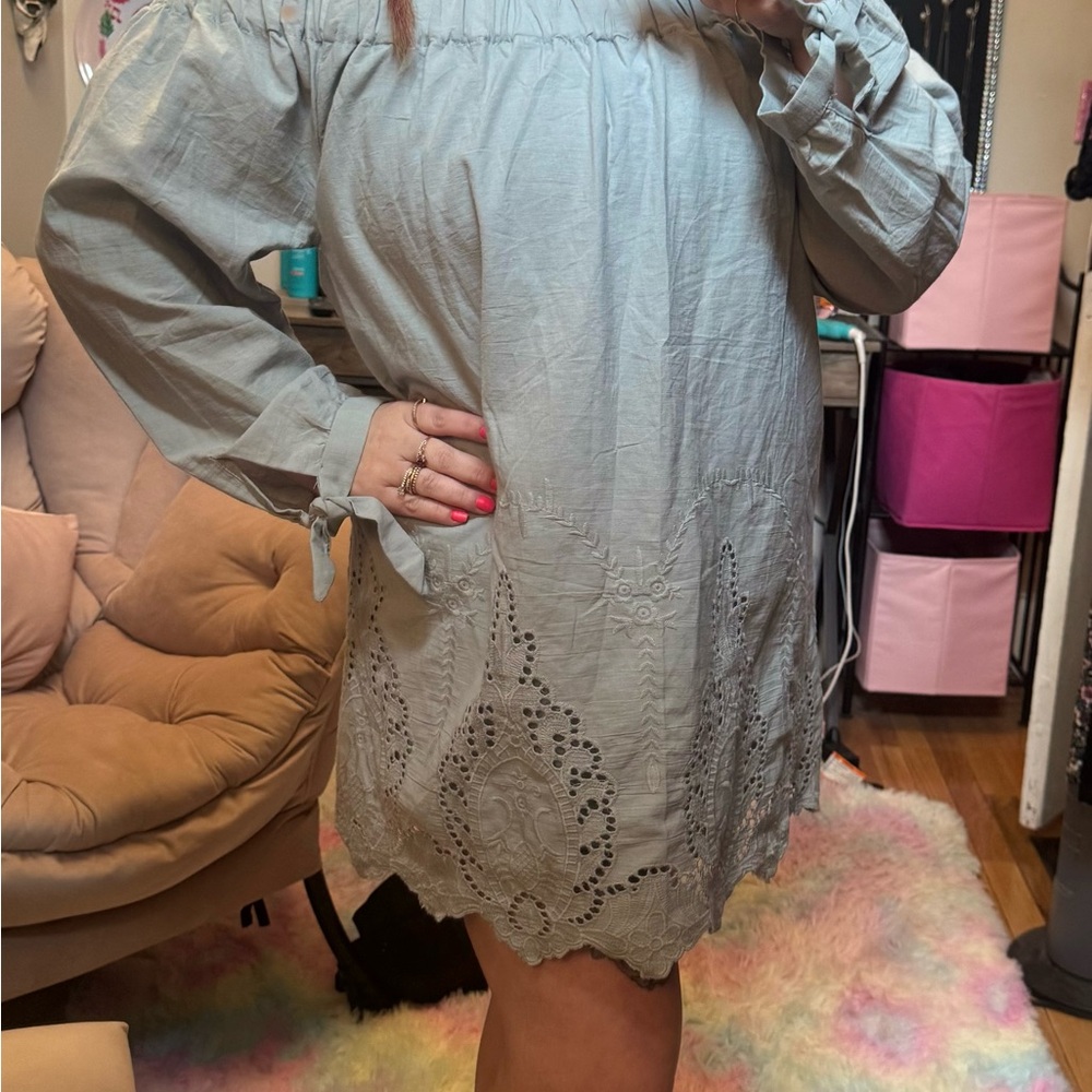 Gray/Blue Off-Shoulder Dress with Lace Detail